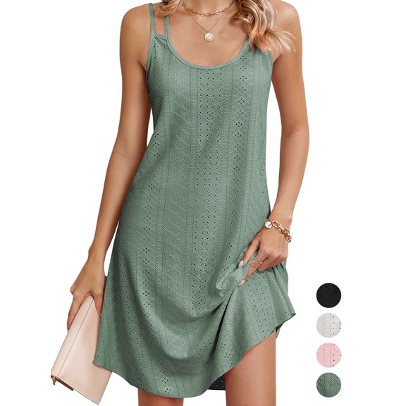 PULLIMORE Womens Sleeveless Dress Eyelet Embroidery Spaghetti Strap Casual Summer Sexy Scoop Neck Beach Sundress （Green,2XL）