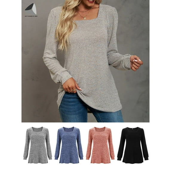PULLIMORE Womens Square Neck Tunic Tops Casual Long Sleeve Shirt Blouse Pullover Sweatshirts Shirts (Gray, XL)