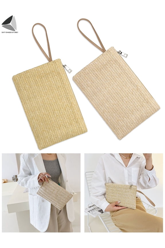 Womens Straw Clutch Handbag Purse Boho Zipper Wristlet Summer Beach Wallets Bags (White)