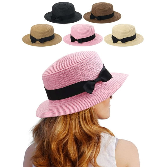 PULLIMORE Womens Summer Beach Sun Straw Hat Travel Outdoor UV Hats Elegant Bow Hat (Pink)