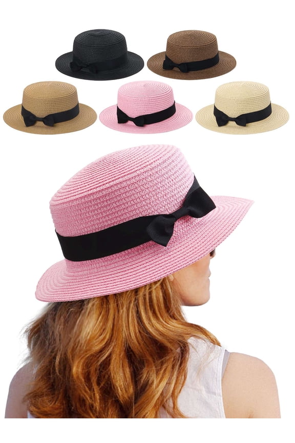 Womens Summer Beach Sun Straw Hat Travel Outdoor UV Hats Elegant Bow Hat (Pink)
