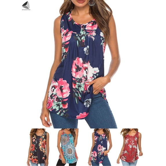 PULLIMORE Womens Summer Loose Sleeveless Vest Casual Floral Tank Tops Crew Neck Plus Size Tee Shirts Blouse (L, Dark Blue)