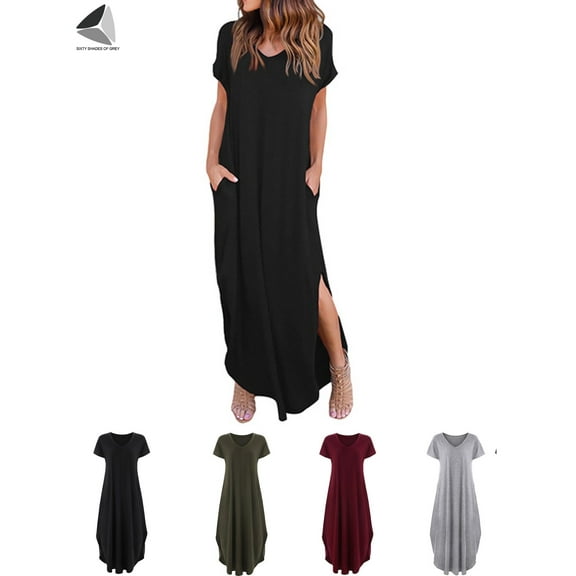PULLIMORE Womens Summer Maxi Dresses Casual Short Sleeve Split Dress with Pockets (XL, Black)
