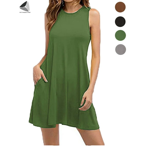 PULLIMORE Womens Summer Sleeveless Dress Casual Crew Neck Sundress Swing Tank Beach Dresses with Pocket (M, Green)