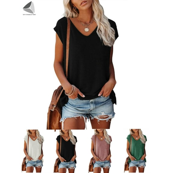 PULLIMORE Womens Summer Tops Casual V Neck Cap Sleeve Ladies Blouses Basic Loose T Shirts (L, Black)