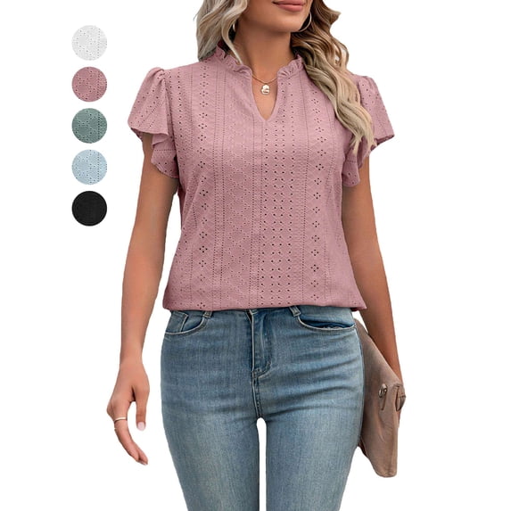 PULLIMORE Womens Summer Tops V Neck Ruffle Short Sleeve T-Shirts Eyelet Breathable Casual Loose Fit Shirts (S,Pink)