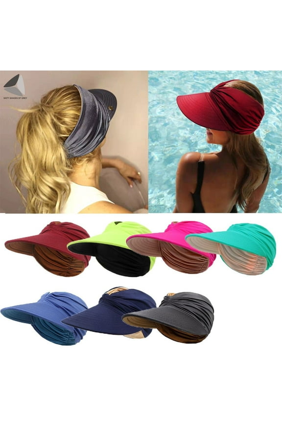 Womens Sun Visor Summer Cap Wide Brim UV Protection Ponytail Hat Hollow Top Beach Hats (Red)
