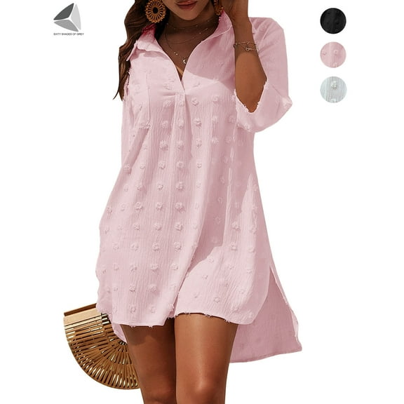 PULLIMORE Womens Swimsuit Coverups Swiss Dots Bikini Swimwear Beach Cover Up Dress Shirt (M, Pink)