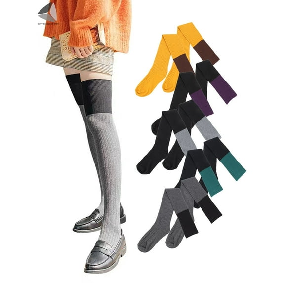 PULLIMORE Womens Thigh High Socks Double Colors Matching Long Tube Socks Over the Knee Knit Boot Stockings (Green)