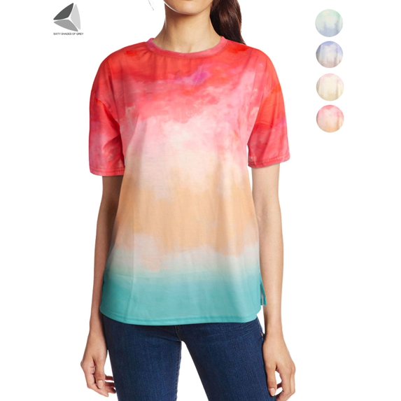 PULLIMORE Womens Tie Dye Gradient Short Sleeve T-shirt Crew Neck Summer Top Plus Size Tee Shirts (3XL, Red)