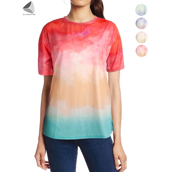 PULLIMORE Womens Tie Dye Gradient Short Sleeve T-shirt Crew Neck Summer Top Plus Size Tee Shirts (L, Red)