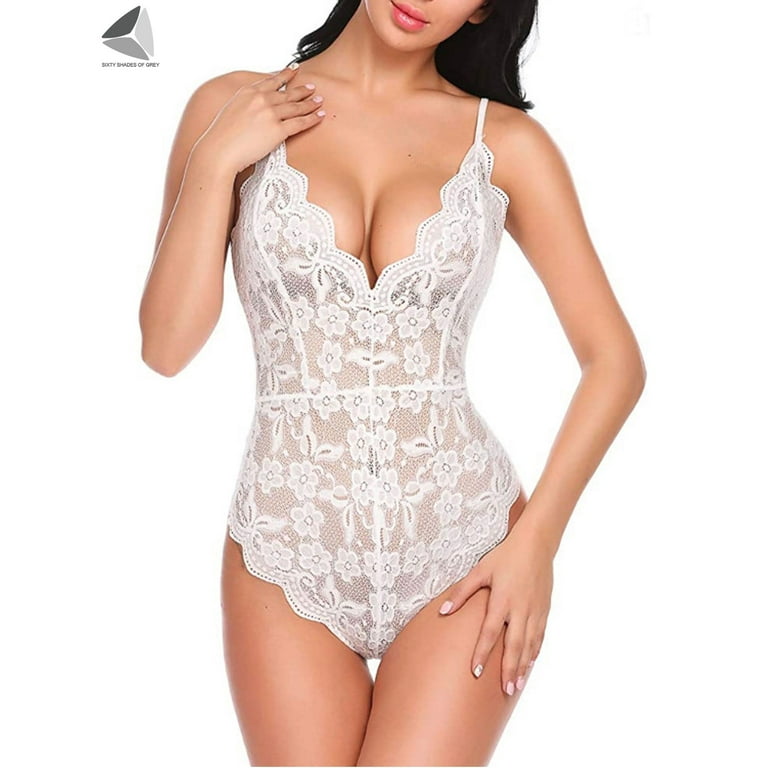 PULLIMORE Womens V Neck Sexy Lingerie Floral Lace See Through Babydoll  Bodysuit G-String Thong Nightwear (M, White) 