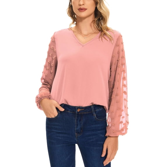 PULLIMORE Womens V Neck Swiss Dot Tops Long Lantern Sleeve Casual Loose Blouse (M, Pink)