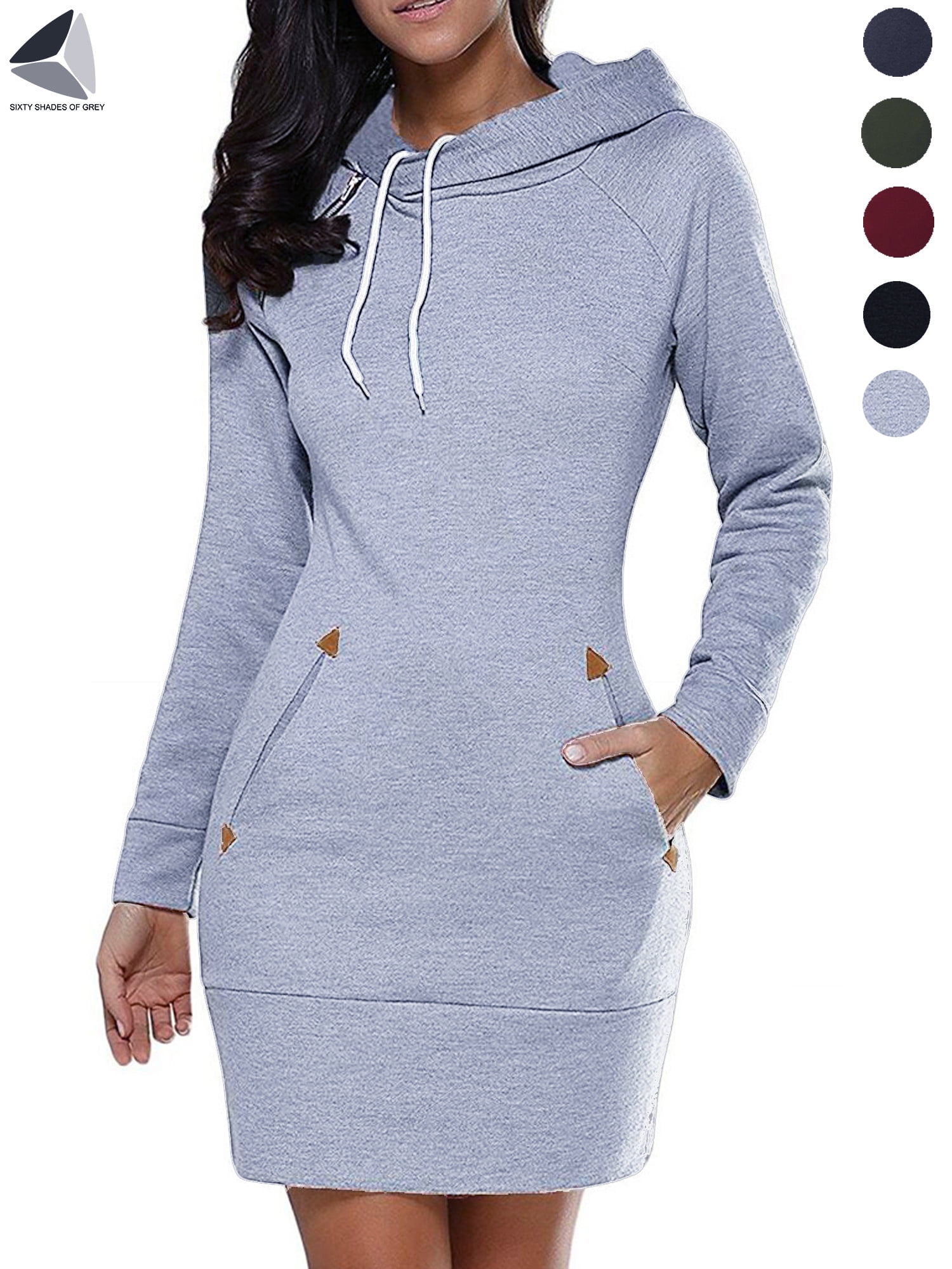 PULLIMORE Womens Winter Hoodie Dresses Slim Long Sleeve Pullover Sweatshirt  Dress with Pocket (L, Light Grey)