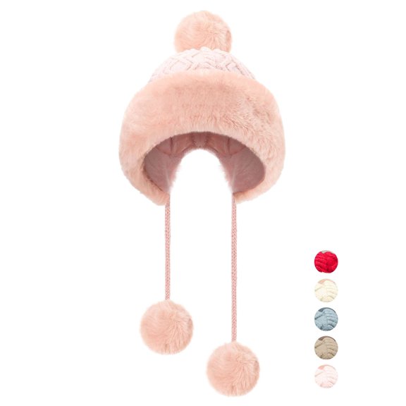 PULLIMORE Womens Winter Ribbed Beanie Cap Thickened Knit Pompom Soft Oversized Warm Hat (Pink)