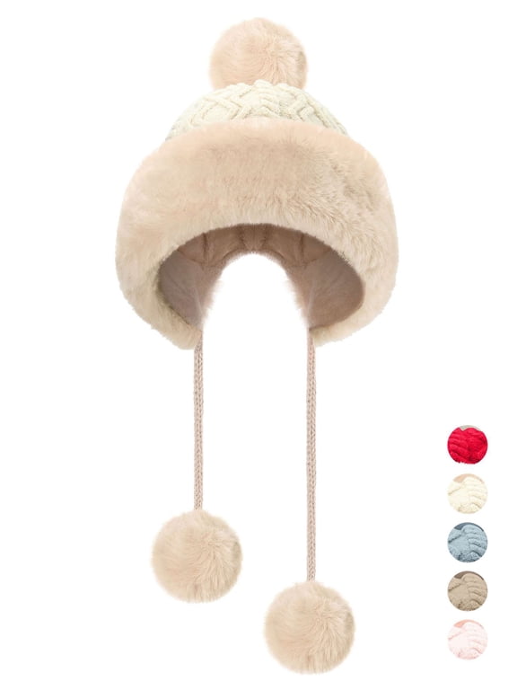 Womens Winter Ribbed Beanie Cap Thickened Knit Pompom Soft Oversized Warm Hat (White)
