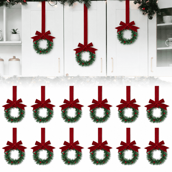 PULMCheerger 12 Pcs Christmas Kitchen Cabinet Wreaths with Ribbon 5.12 Inch Mini Christmas Wreath Small Kitchen Wreath Greenery Wreath for Window Door(Red Velvet Bow)