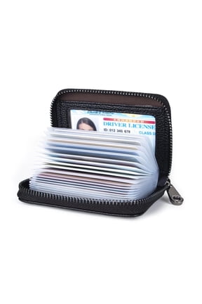 Genuine Leather Credit Card Holder Wallet RFID Blocking Secure Card Case Zipper (Black)