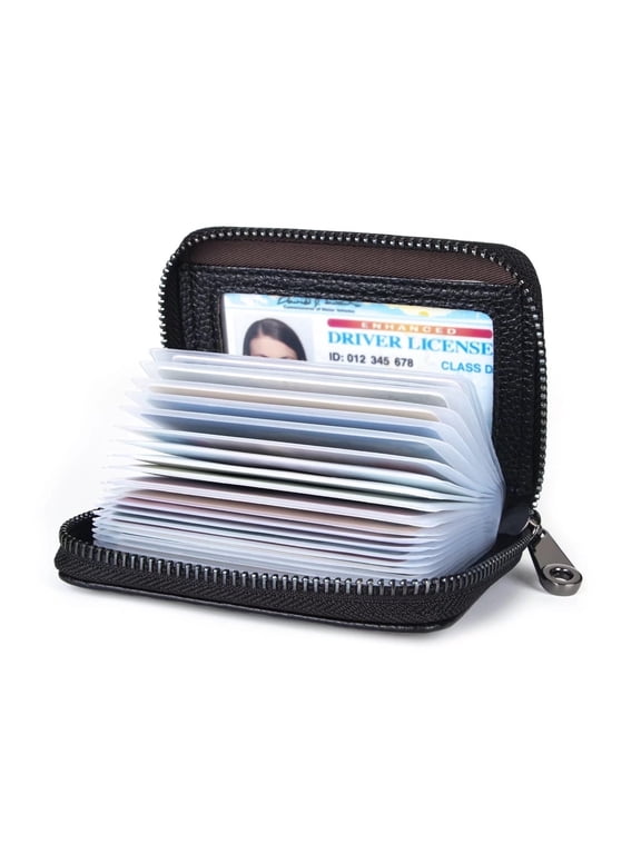 Genuine Leather Credit Card Holder Wallet RFID Blocking Secure Card Case Zipper (Black)