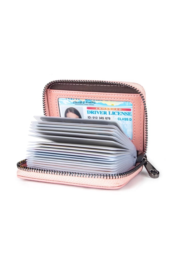 Genuine Leather Credit Card Holder Wallet RFID Blocking Secure Card Case Zipper (Pink)