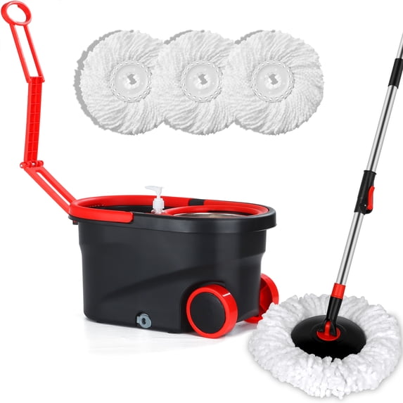 PULNDA Spin Mop and Bucket System, Upgraded Mop Bucket on Wheels, Mop and Bucket with Wringer Set, Mops for Floor Cleaning, 3pcs Microfiber Mop Heads, 61" Extended Mop Rod, Black & Red
