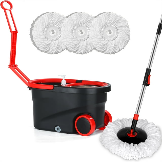 "PULNDA Spin Mop & Bucket System with Ringer, 3pcs Microfiber Heads, 61