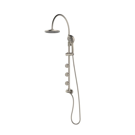 Riviera 8-in Rain Showerhead Shower System with 3-Body Jets Pivoting Shower Arm and Multi-function Handshower Brushed Nickel
