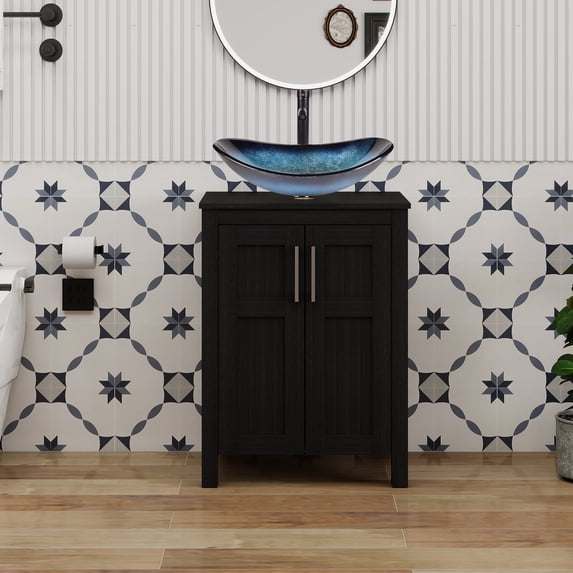 PULUOMIS 24 Inches Bathroom Vanity in Black Finish with Glass Boat-Shaped Vessel Sink, Single Bathroom Vanity with Top, 2-Door Cabinet and 2 Drawers