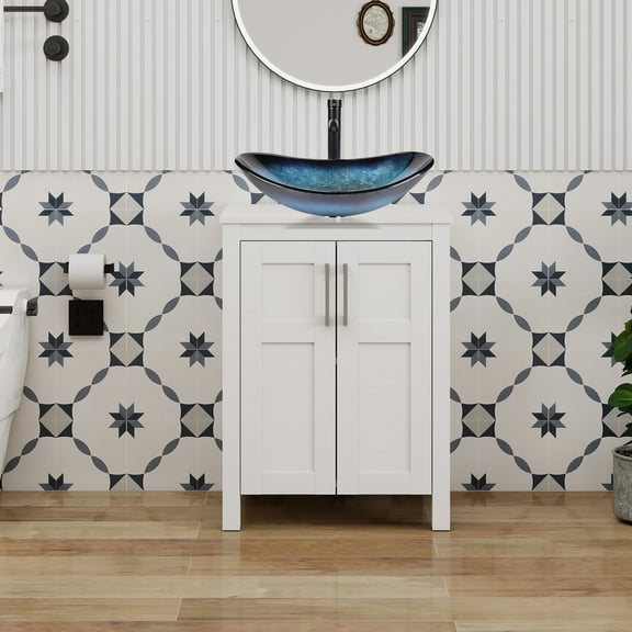 PULUOMIS 24 Inches Bathroom Vanity in White Finish with Glass Boat-Shaped Vessel Sink, Single Bathroom Vanity with Top, 2-Door Cabinet and 2 Drawers