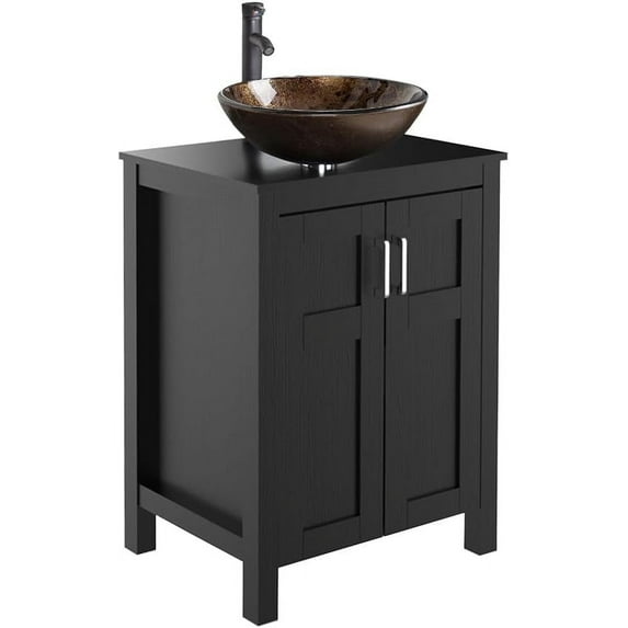 PULUOMIS 24 Inches Traditional Bathroom Vanity Set in Black Finish, Single Bathroom Vanity with Top and 2-Door Cabinet, Brown Glass Sink Top with Single Faucet Hole