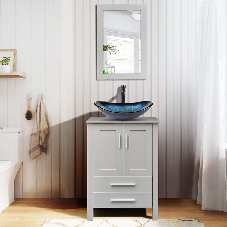 PULUOMIS 24'' Single Bathroom Vanity with Manufactured Wood Top with Mirror, Gray