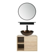 PULUOMIS Wall Mounted Bathroom Vanity Set with Mirror Storage Shelf, PVC Sheet Natural Cabinet with Black Side Panels Cabinet + Sink