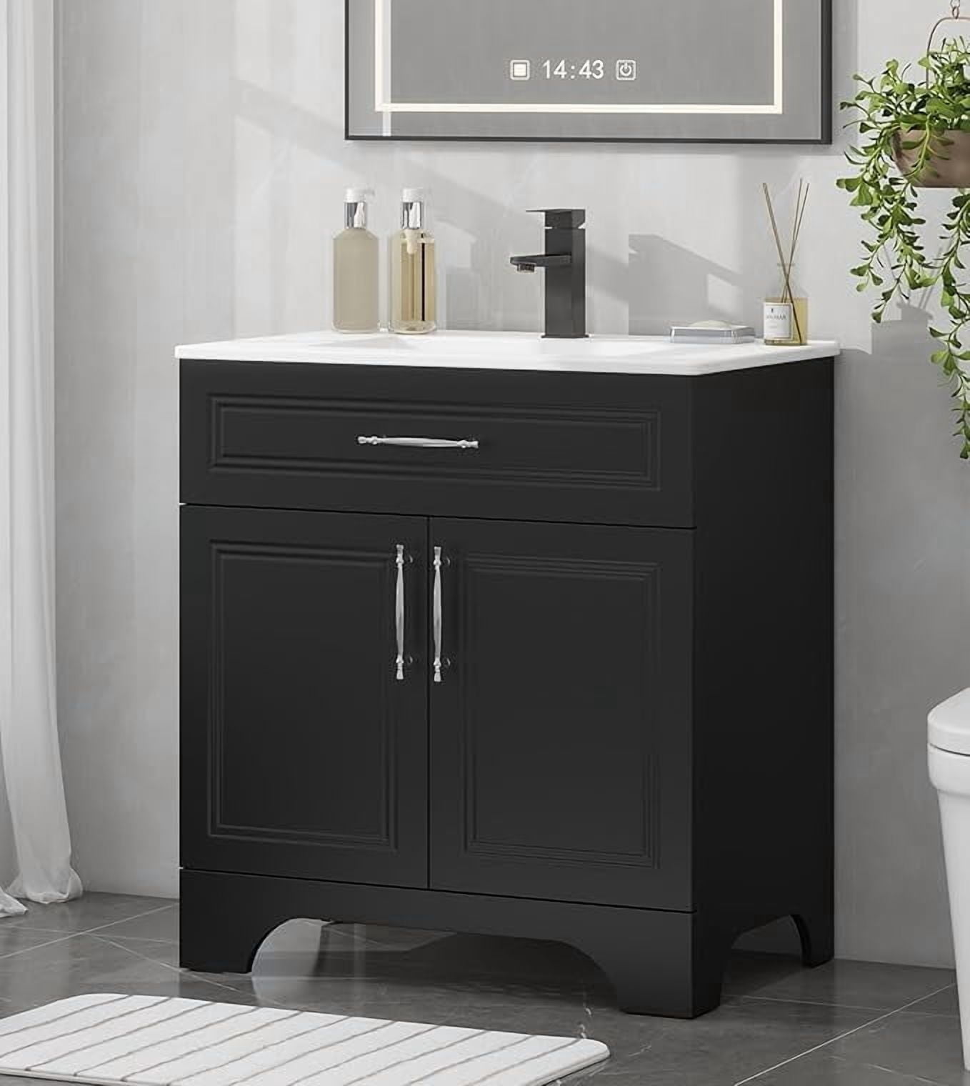 PULUOMIS 30" Bathroom Vanity with Sink Combo, Modern Bathroom Storage Cabinet Set with Tip-Out Drawer and 2 Soft Closing Door, Ceramic Undermount Sink, Matte Black Faucet Drain, Black