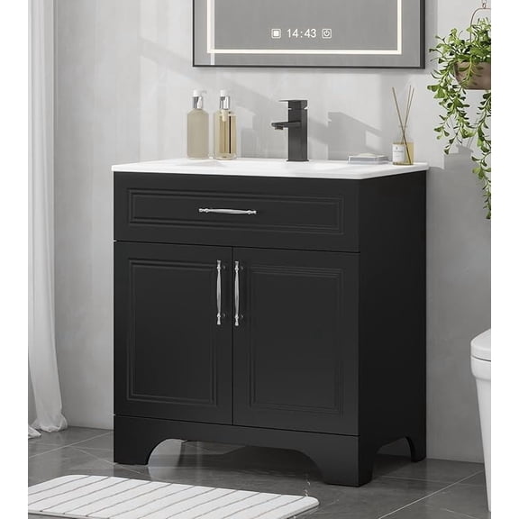 PULUOMIS 30" Bathroom Vanity with Sink Combo, Modern Bathroom Storage Cabinet Set with Tip-Out Drawer and 2 Soft Closing Door, Ceramic Undermount Sink, Matte Black Faucet Drain, Black