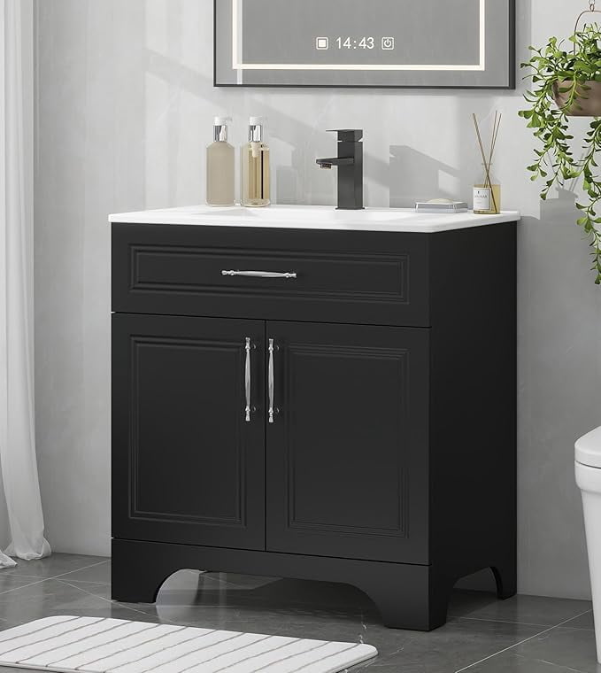 PULUOMIS 30" Bathroom Vanity with Sink Combo, Modern Bathroom Storage Cabinet Set with Tip-Out Drawer and 2 Soft Closing Door,without Sink, Matte Black Faucet Drain, Black