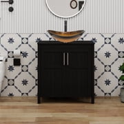 PULUOMIS 30 Inches Bathroom Vanity in Black Finish with Glass Boat-Shaped Vessel Sink, Single Bathroom Vanity with Top, 2-Door Cabinet and 2 Drawers