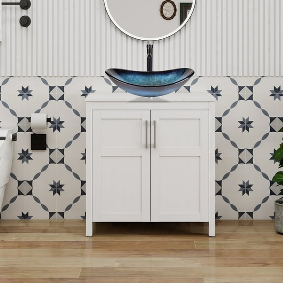 PULUOMIS 30 Inches Bathroom Vanity in White Finish with Glass Boat-Shaped Vessel Sink, Single Bathroom Vanity with Top, 2-Door Cabinet and 2 Drawers