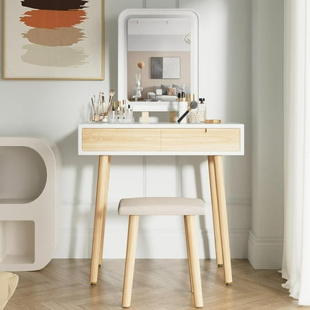 PULUOMIS 31.5'' Makeup Vanity Desk with Adjustable Brightness Square Mirror Light for Small Spaces, Vanity Desk with Drawers and Stool