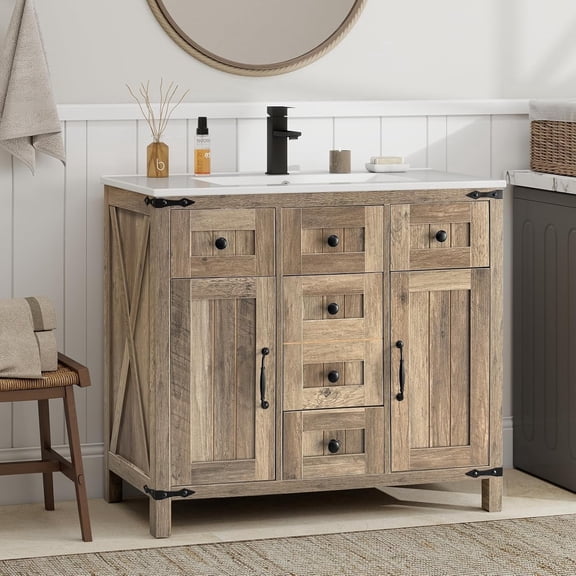 PULUOMIS 36" Farmhouse Bathroom Vanity with Sink Combo, Rustic Vanity Cabinet with Ceramic Under Mount Sink Combo with Faucet Set, Four Sliding Drawers, Adjustable Shelf, Rustic Brown