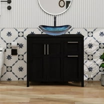 PULUOMIS 36 Inches Bathroom Vanity in Black Finish with Glass Boat-Shaped Vessel Sink, Single Bathroom Vanity with Top, 2-Door Cabinet and 2 Drawers