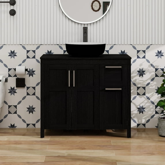 PULUOMIS 36 Inches Bathroom Vanity in Black Finish with Round Ceramic Vessel Sink, Single Bathroom Vanity with Top, 2-Door Cabinet and 2 Drawers