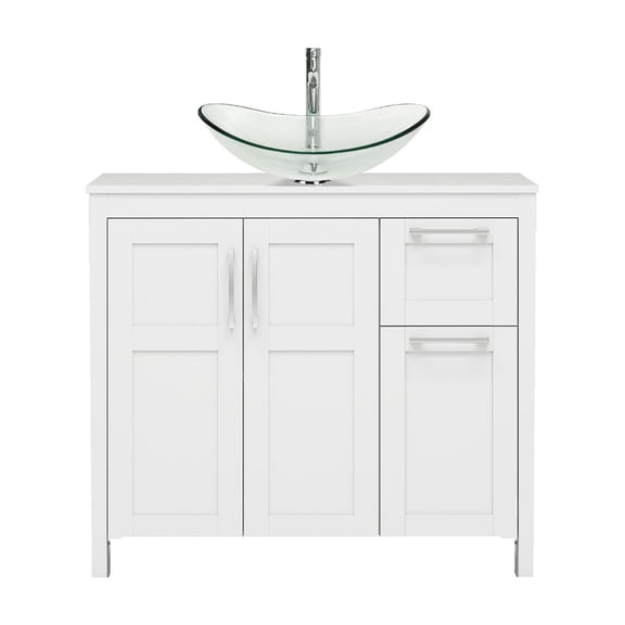 PULUOMIS 36 Inches Bathroom Vanity in White Finish with Glass Boat-Shaped Vessel Sink, Single Bathroom Vanity with Top, 2-Door Cabinet and 2 Drawers