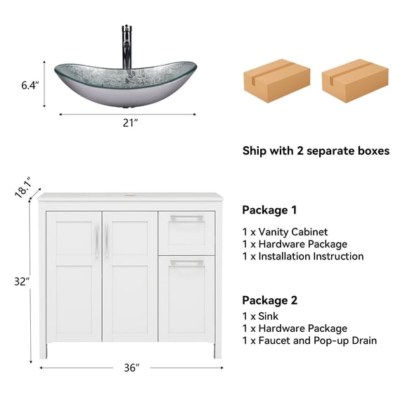 PULUOMIS 36 Inches Bathroom Vanity in White Finish with Glass Boat-Shaped Vessel Sink, Single Bathroom Vanity with Top, 2-Door Cabinet and 2 Drawers