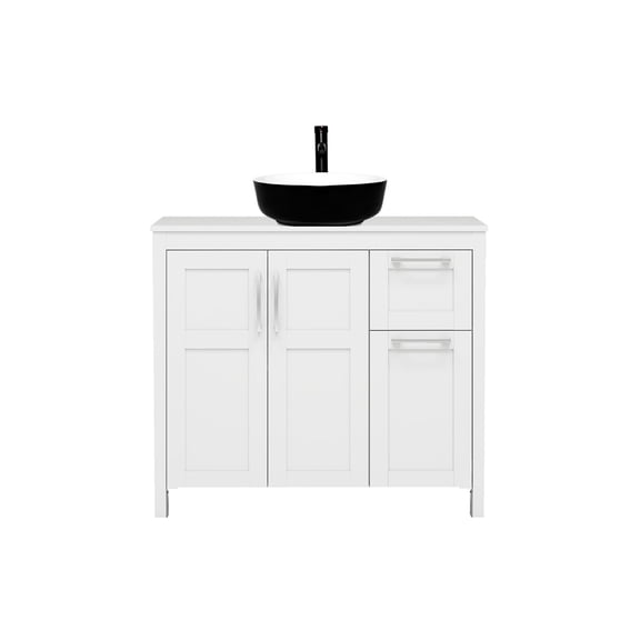 PULUOMIS 36 Inches Bathroom Vanity in White Finish with Round Ceramic Vessel Sink, Single Bathroom Vanity with Top, 2-Door Cabinet and 2 Drawers