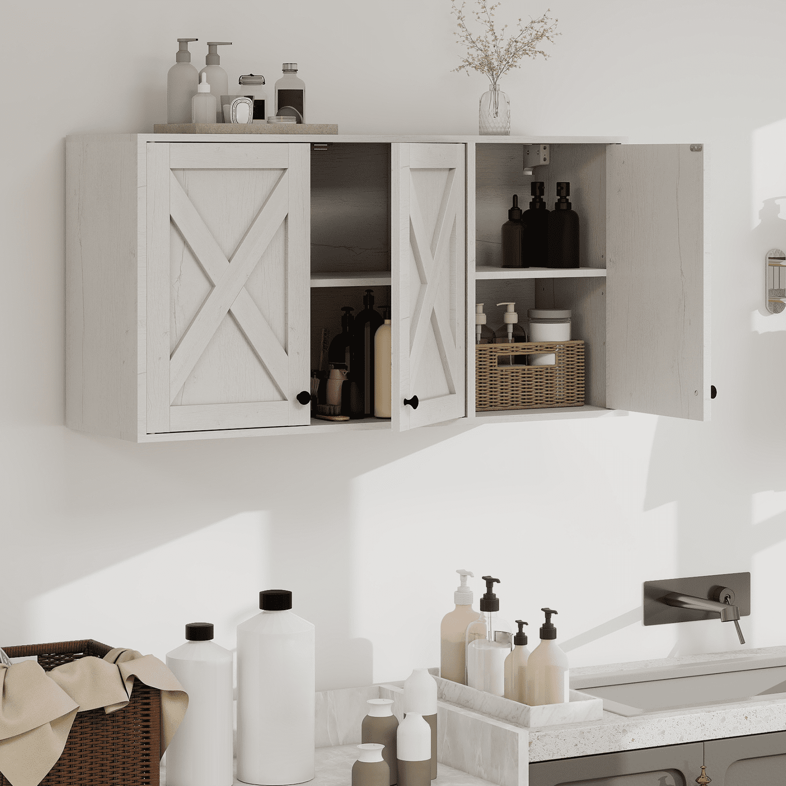 PULUOMIS 36" W Laundry Cabinet, Medicine Cabinet, Bathroom Kitchen Storage Wall Mounted Farmhouse Organizer with Shelves Over Toilet, White