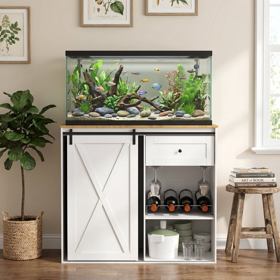 PULUOMIS 55 Gallon Farmhouse Fish Tank Stand with Sliding Barn Doors, Aquarium Stand with Cabinet for Fish Tank Accessories Storage, Turtle Tank, Reptile Terrarium