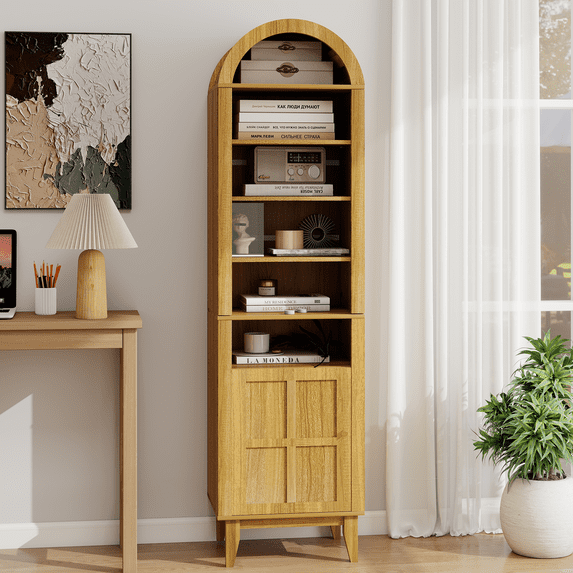 PULUOMIS 71" Tall Arched Cabinet with Doors, Solid Wood Legs, Adjustable Shelves for Vertical Storage, Narrow Arched Storage Bookcase, Space Saving Organizer for Bathroom, Living Room, Home Office