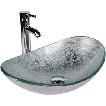 PULUOMIS Bath Sinks Vessel Sinks and Faucet Combo with Mounting Ring and Pop Up Drain Oval Bowl Basin Silver