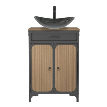 PULUOMIS Bathroom Vanity, 30" Bathroom Vanity with Sink Combo Set, Brown Modern Wood Bathroom Cabinet with Black Ceramic Bathroom Sink
