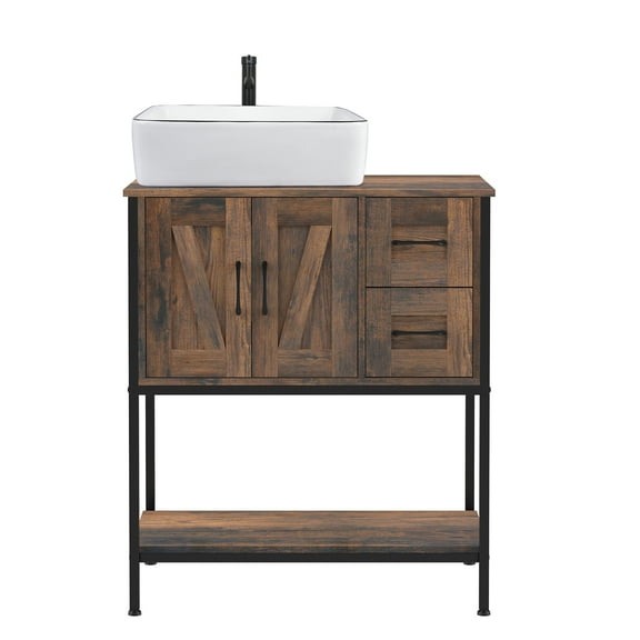 PULUOMIS Bathroom Vanity, 30" Rustic Brown Bathroom Vanity with Sink Combo Set, Farmhouse Modern Wood Bathroom Cabinet with Black Ceramic Sink